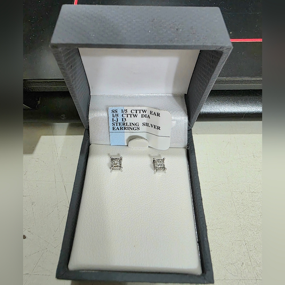 Princess Cut Sterling Silver Diamond Stud Earrings 1/5 CTTW
